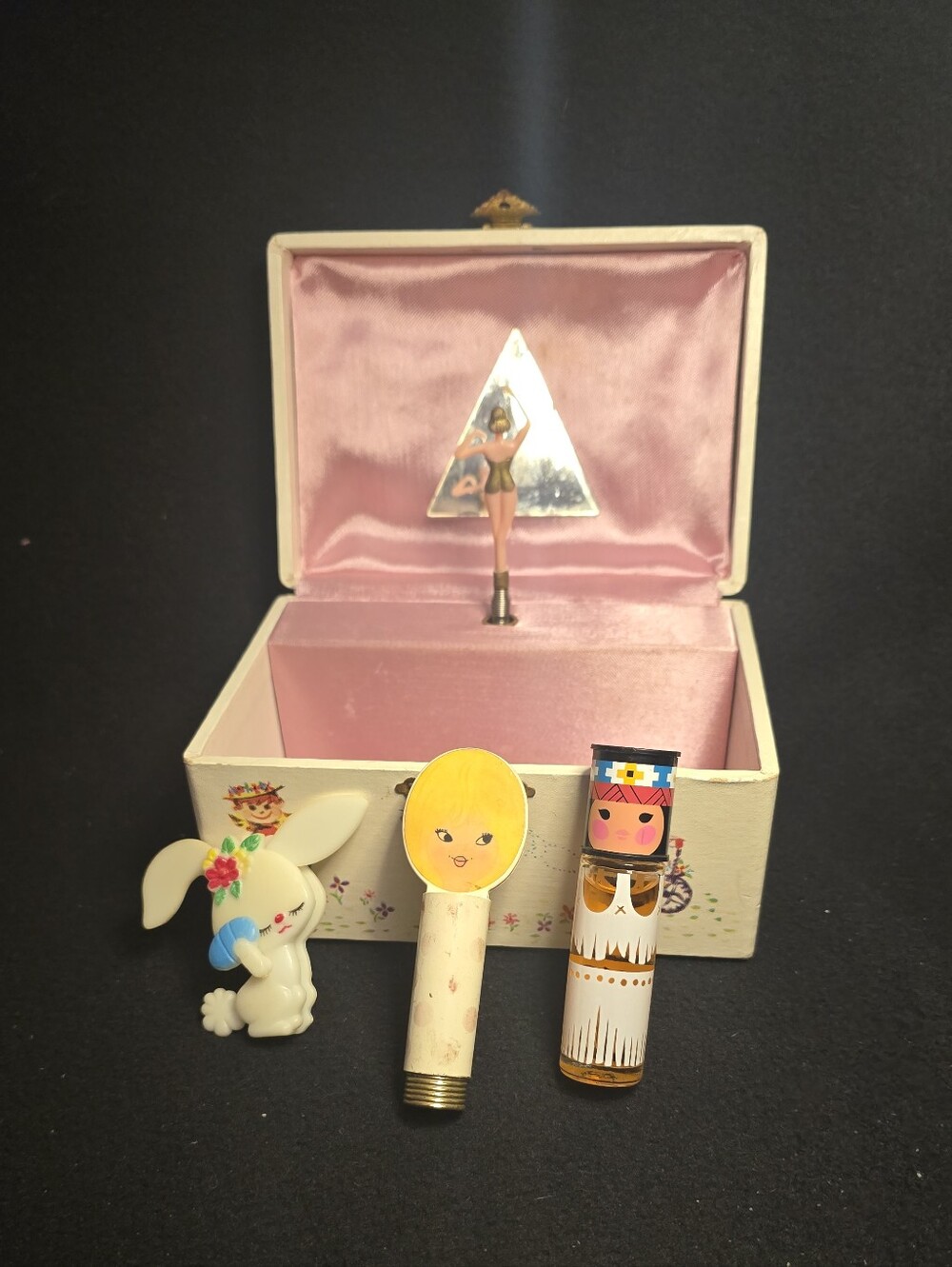 Vintage Pink Music Jewelry Box with Pink Interior and Assorted Toy Figures
